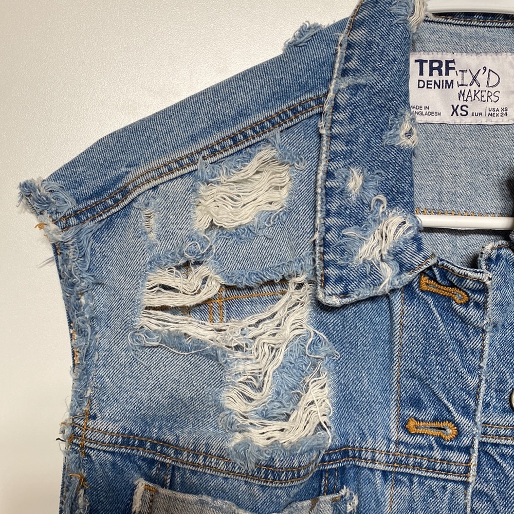 Oversized Distressed Denim Vest with Floral Back - Picture 5 of 17